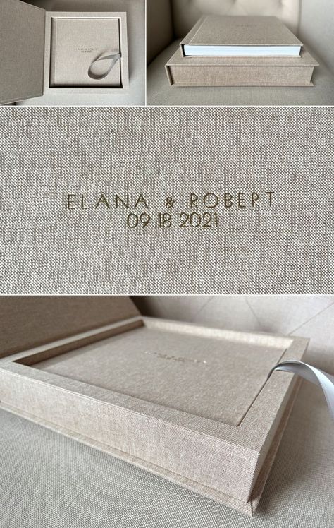 **Eternal Collection** Wedding Album (10x10) - wrapped in Oatmeal Linen. Featuring matching storage box and imprinting of names and date (gold modern font). Photography + Design by Femina Photo + Design, crafted by Renaissance Albums (www.feminaphoto.com) Album Box Design, Wedding Photo Album Cover Design, Wedding Book Design, Wedding Album Ideas, Wedding Photo Album Cover, Wedding Photo Album Layout, Guess Book, Wedding Photo Book, Wedding Album Cover Design