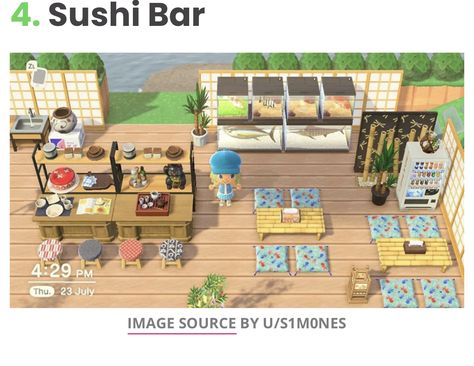 Acnh Sushi Restaurant Designs, Acnh Sushi Bar Outdoor, Sushi Animal Crossing, Acnh Sushi Bar, Animal Crossing Sushi Restaurant, Animal Crossing Ramen Shop, Animal Crossing Sushi Stall, July Images, Outdoor Cafe