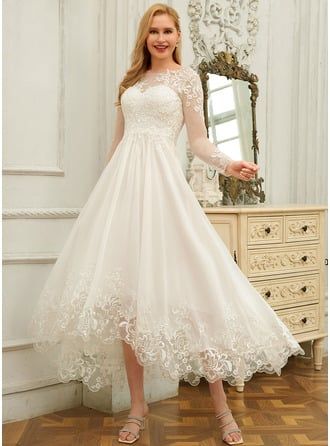 [US$ 224.00] A-line Scoop Asymmetrical Chiffon Lace Wedding Dress With Sequins  - JJ's House 2nd Marriage Wedding Dress Over 40, 2nd Marriage Wedding Dress, Wedding Dress Over 40, Wedding Dresses For Older Women, Older Bride Dresses, Scottish Wedding Dresses, Older Bride Wedding Dress, Wedding Dress With Sequins, Fantasy Wedding Dresses