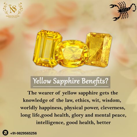 The Yellow Sapphire gemstone is very useful in the business field as it guarantees success. Pukhraj gemstone amplifies the wealth and success in all endeavors. WhatsApp:+919829565256 #yellowsapphire #gemstones #Benefits #astrology #Astrologer #vedicstone #vedic #vedicastrology #gems #stone #zodiacstone #zodiacsigns #zodiac #yellowstone #pukhraj #Scorpio Zodiac Stones, Vedic Astrology, Yellow Stone, Jaipur Rajasthan, Yellow Sapphire, Sapphire Gemstone, Tarot Card, Longer Life, Jaipur