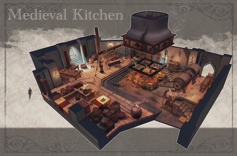 ArtStation - Medieval Tavern Kitchen with Turnspit Dog, Julian Hartinger Tavern Kitchen, Medieval Kitchen, Medieval Tavern, Warehouse Interior, Kitchen Floor Plan, Viking Village, Conan Exiles, Building Map, Kitchen Concepts