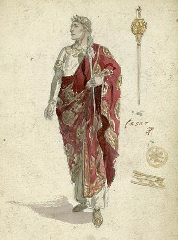 Caesar and Cleopatra Savoy Theatre, 1907 Costumes designed by Percy Anderson  Percy Anderson (1851-1928) Costume design for Caesar and Cleopatra, 1907 Johnston Forbes-Robertson as Caesar Caesar Costume, Ancient Greek Clothing, Caesar And Cleopatra, Roman Kings, Roman Painting, Roman Clothes, Villain Costumes, Contemporary Costumes, George Bernard Shaw