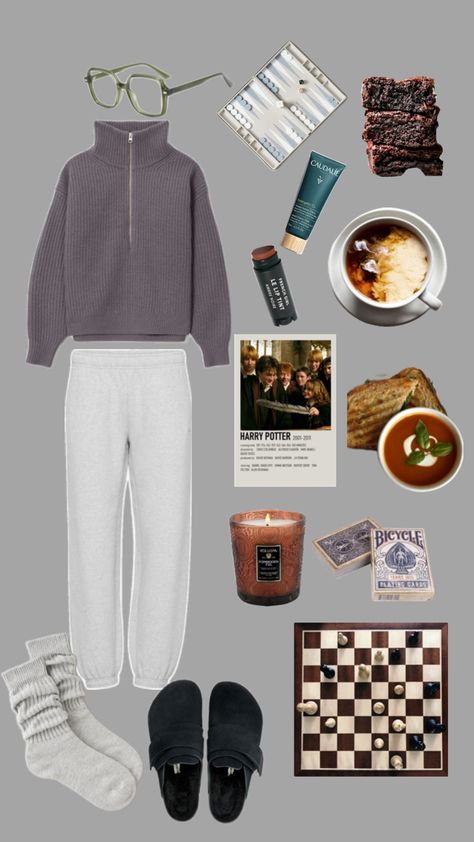 Date night, cozy, stay in, Harry Potter, comfort food, Mac and cheese, tomato soup, sweatpants, outfit, style, set, zip up, sweater, Birkenstocks, grilled cheese, fluffy socks, blankets, chess game, backgammon, mask, girls night, tea, before bed, bed time, brownies, cards, games, game night, simple, casual Cozy Date Night Outfit, Cozy Date Night, Cozy Day, Rest Day, Rest Days, Night Outfits, Date Night Outfit, Date Night, The House