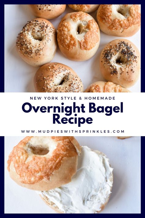 No Knead Bagels, Overnight Bagel Recipe, Leftover Bagels, Bagel Dough Recipe, Rainbow Bagel Recipe, Ny Bagel, Overnight Recipes, New York Bagel, Cream Cheese Spread