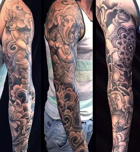 Hindu Chest Tattoo Men, Buddha Tattoo Design Full Hand, Buddha Sleeve Tattoos For Guys, Buddha Full Sleeve Tattoo Design, Hindu Mythology Tattoo, Buddah Leg Sleeve, Buddha Arm Tattoo, Ganesha Tattoo Sleeve, Asian Tattoo Sleeve