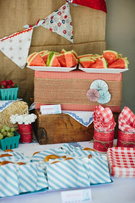 County Fair Themed 1st Birthday Party with So Many Cute Ideas via Kara's Party Ideas | KarasPartyIdeas.com #CountyFair #PartyIdeas #Supplies... Fair Party Ideas, Bandana Banner, County Fair Party, Country Fair Party, Upcycled Cans, County Fair Theme, Buffet Styling, Farmers Market Birthday Party, Picnic Themed Parties