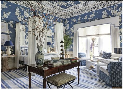 Blue Bedroom Colors, Vinyl Fence Panels, The Shade Store, Show House, Chinoiserie Chic, Chinese Lanterns, Bedroom Terrace, Blue Bedroom, Bath Furniture