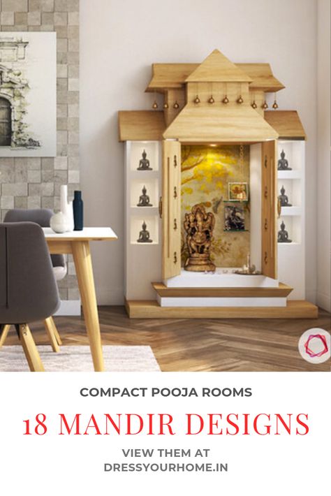 Click to see a collection of 11 small traditional Indian pooja room designs for small apartments and villas alike. #poojaroom #puja #pooja #mandir #templedesign #interiordesign Pooja Room Ideas In Kitchen, Indian Pooja Room Designs, Indian Pooja Room, Puja Room Ideas, Pooja Room Designs, Living Room Minimal, Mandir Design, Indian Living Rooms, Temple Design For Home