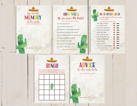 Fiesta Bridal Shower Ideas, Fiesta Bridal Shower Games, Diy Bridal Shower Games, Fiesta Games, Mexican Fiesta Bridal Shower, Bridal Shower Question Game, Mexican Theme Party, Bridal Shower Games Prizes, Bridal Shower Games Funny