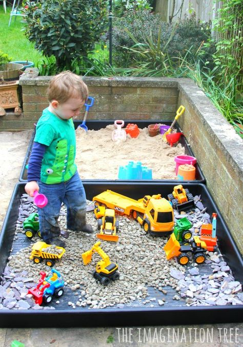 DIY Sand Box and Gravel Pit - The Imagination Tree Kid Friendly Backyard, Natural Play Spaces, Outdoor Kids Play Area, Maluchy Montessori, Play Area Backyard, Backyard Kids Play Area, Outdoor Play Spaces, Play Garden, Outdoor Play Areas