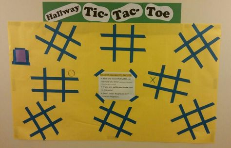 Hallway Tic-Tac-Toe! Rules are in the middle... only one move per game can be made at a time, winner writes their name next to the game, and of course, no cheating! Fun interactive board. Bulitin Board Ideas Interactive, Brain Break Bulletin Board, Team Break Room Ideas, Game Show Bulletin Board Ideas, Interactive Hallway Bulletin Boards, Bulletin Board Games For Work, Staff Interactive Bulletin Board, Team Building Bulletin Board Ideas, Interactive Staff Bulletin Boards