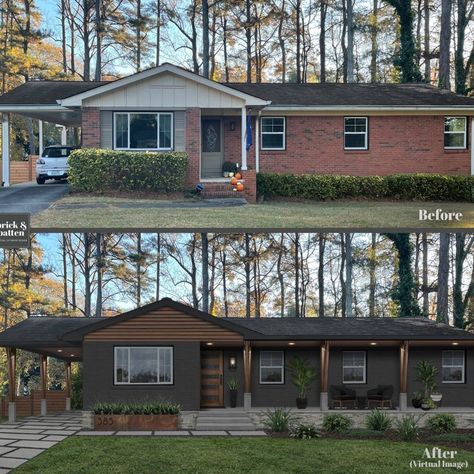 We’re excited to share the before & after home exterior design of our Instagram giveaway winner from last month! They wanted a total refresh, something that modernized their curb appeal and went with their mid-century modern interior aesthetic. Our designers recommended painting the brick and accents in Benjamin Moore’s Black Beauty. A new large front porch with an awning provides extra living space for this Georgia home. Fresh wood design elements coordinate with the gorgeous new front door. Modern Interior Aesthetic, Ranch House Remodel, Exterior House Renovation, Home Exterior Design, Ranch House Exterior, Painted Brick House, Exterior House Remodel, House Makeovers, Ranch Exterior