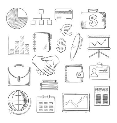 Business finance and office icons sketches vector Accounting Drawing, Business Symbols, Exams Funny, Office Icon, Sketch Icon, Drawing Clipart, Vector Sketch, Sketch Illustration, Silhouette Free