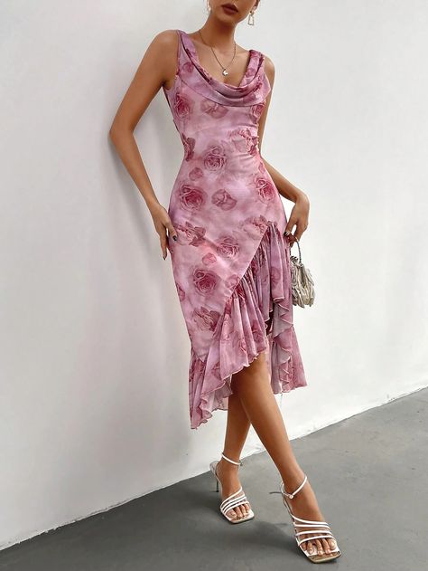 SHEIN Privé Women Floral Print Elegant Romantic Vintage Floral Print Cowl Neck Swing Summer Pink Dress For Graduation Season,On Vacation,Mother's Day,Music Festivals, Easter | SHEIN USA Summer Pink Dress, Dress For Graduation, Clothing Lookbook, Elegant Dresses Classy, Pretty Clothes, Vintage Floral Print, Music Festivals, Women Long Dresses, On Vacation