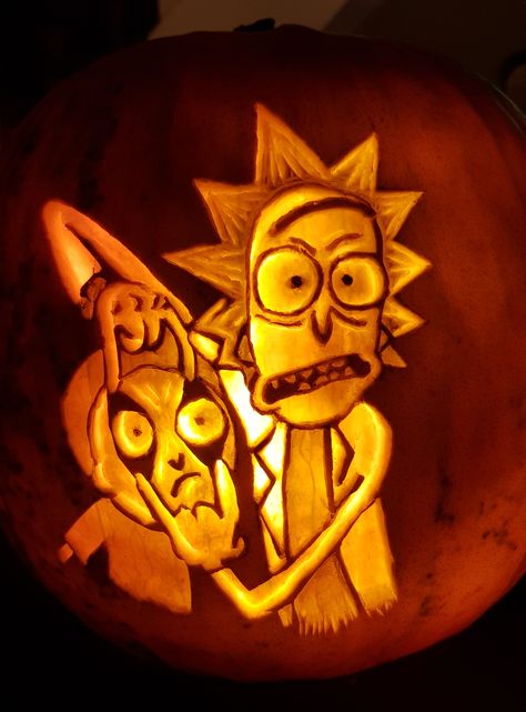 Rick & Morty bespoke Pumpkin carving Unique Pumpkin Carving Ideas, Pumpkin Inspiration, Cute Pumpkin Carving, Pumkin Carving, Fake Pumpkins, Pumpkin Carving Designs, Halloween Pumpkin Designs, Pumpkin Carvings Stencils, Pumpkin Carving Templates