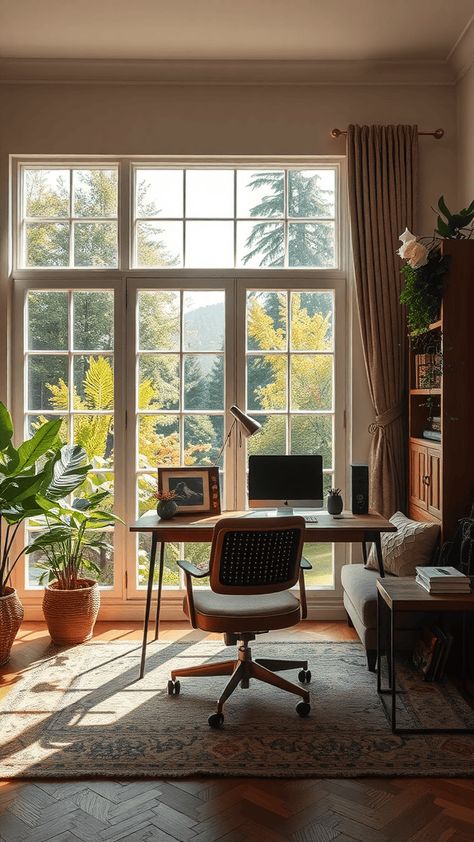 28 Stunning Home Office Ideas with Windows for Maximum Inspiration - Work Well Remote Desk In A Living Room, Office With Couch And Desk, Office Space In Living Room, Aspirational Aesthetic, Office With Windows, Home Office With Daybed, Office With Daybed, Feminine Home Office Ideas, Productive Home Office