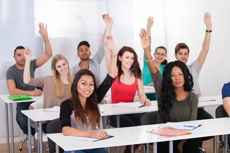 College students raising hands in classroom. Portrait of college students raisin , #AD, #raising, #hands, #College, #students, #college #ad Raising Hand Reference, Raising Hands In Classroom, Students Raising Hands, Classroom Portrait, Students Photography, Classroom With Students, Classroom College, College Photography, Social Media Drawings