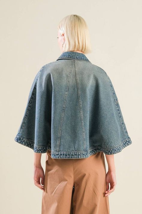 A washed denim capelet with collar and front button closure Details: Self : 100% Cotton Size & Fit - Model is 5`8" And Wearing Size Small- Measurements Taken From Size Small- Approx. Length: 21" I Remember Everything, Denim Collar, Skirt Jumpsuit, Resort Collection, Washed Denim, Sweatshirt Dress, Sewing Clothes, Sewing Ideas