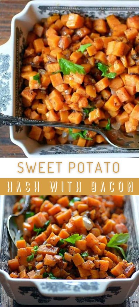 Collage of baking dish full of sweet potato hash at top and bottom. Potato Hash Breakfast, Sweet Potato Breakfast Casserole, Sweet Potato Hash Recipe, Casserole Side Dishes, Potato Hash, Sweet Potato Hash, Healthy Dishes, An Egg, Good Healthy Recipes