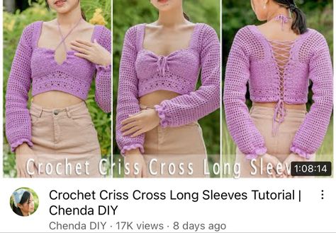 Crochet Long Sleeve Crop Top Pattern Free, Crochet Top Sleeves, Crochet Top With Sleeves, Chenda Diy, Sleeves Tutorial, Free Patterns Crochet, Poncho Patterns, Criss Cross Top, Top With Long Sleeves