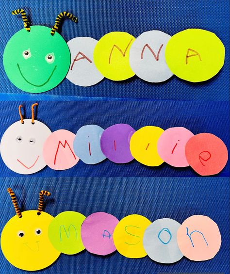 Cut out large circles and then smaller ones as well. Have the children choose the circles they want to use and write their name. 1 letter on each circle. Glue together to make a caterpillar. Add googly eyes and pipe cleaner antennas. #caterpillar #names #prek #prekartsandcrafts #preschool #theveryhungrycaterpillar #finemotorskills Caterpillar Name Craft, Spell Ur Name, April Butterfly, April Activities, Transitional Kindergarten, Name Recognition, Name Crafts, Spring Preschool, Fall Preschool