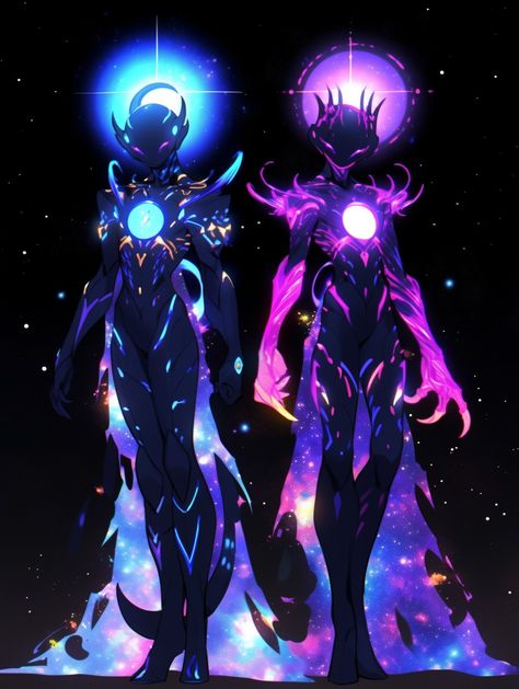 Star Alien Character Design, Nebula Character Design, Universe Human Art, Ying Yang Character Design, Cosmos Character Design, Celestial Concept Art, Magic Grimoire Art, Cosmic Characters Design, Star Oc Art