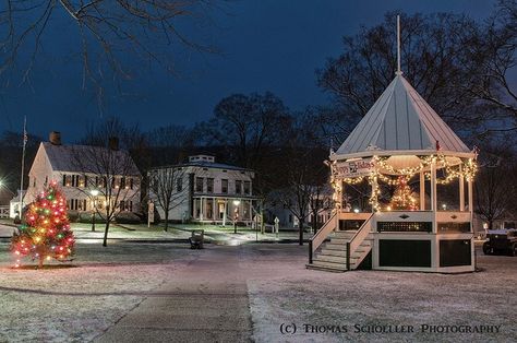 The gazebo on the town green in New Milford, CT Connecticut Aesthetic, New Milford Connecticut, Christmas In Connecticut, New England Christmas, Milford Connecticut, Milford Ct, England Christmas, Connecticut Travel, Small Town Living