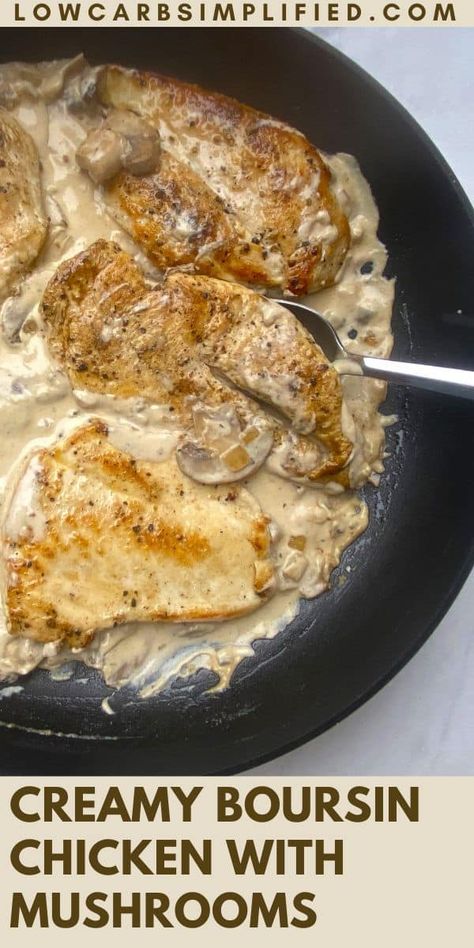 This Boursin cream sauce with mushrooms is rich and flavorful and delicious with pan-seared chicken breasts that are tender and juicy. Chicken With Boursin Mushroom Sauce, Easy Boursin Chicken, Boursin Cream Sauce, Boursin Chicken Recipes, Boursin Chicken, Boursin Cheese Recipes, Boursin Recipes, Chicken Rotisserie, Pan Seared Chicken Breast