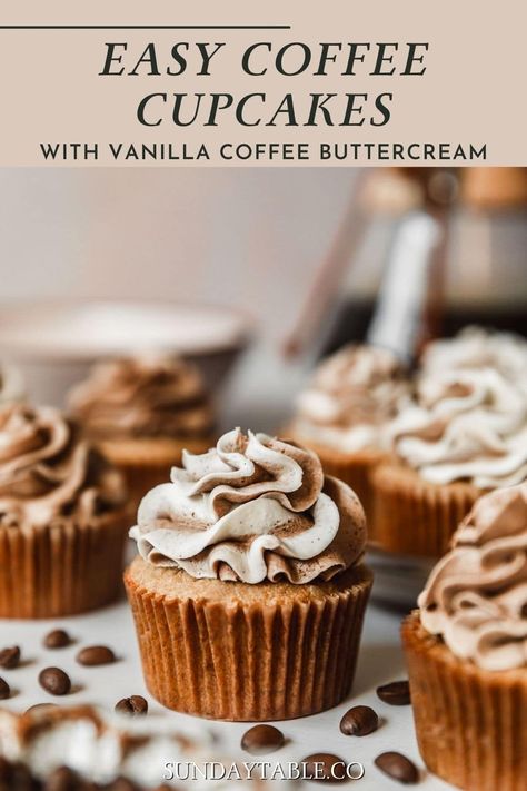 These homemade coffee cupcakes with vanilla coffee buttercream are fluffy, moist, & easy to make from scratch! With instant espresso, they're full of coffee flavor. After they're baked, the espresso cupcakes are topped with a swirled frosting. But you can try other decorating ideas too. The buttercream frosting is the best ever - light, fluffy, & not too sweet! Try filling these cupcakes with chocolate ganache or caramel sauce, or make them gluten free with a flour replacement. Beyond delicious! Basic Cupcake Flavors, Coffee Cupcake Ideas, Coffee Cupcake Design, Coffee Flavored Cupcakes, Tea Flavored Cupcakes, Coffee Cupcakes Recipe, Coffee Themed Cupcakes, Cupcake Flavors Unique, Coffee Cupcake Recipes