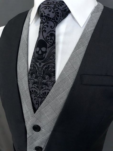 Goth Tuxedo Men, Mens Fashion Goth, Goth Suit Men, Goth Tuxedo, Mens Goth Fashion, Greyish Background, Bowtie Outfit, Skull Tie, Dark Wedding Theme