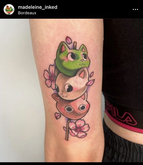 Dango cat tattoo by Madeleine inked - Bordeaux FR #dango #dangotattoo #japanesefood #foodtattoo #tatouage #cutetattoo #cattattoo Dango Tattoo, Cherry Blossom Tattoo Ideas, Cherry Blossom Tattoos, Go Tattoo, Food Tattoos, Pink Tattoo, Stylish Tattoo, Japanese Symbol, Blossom Tattoo