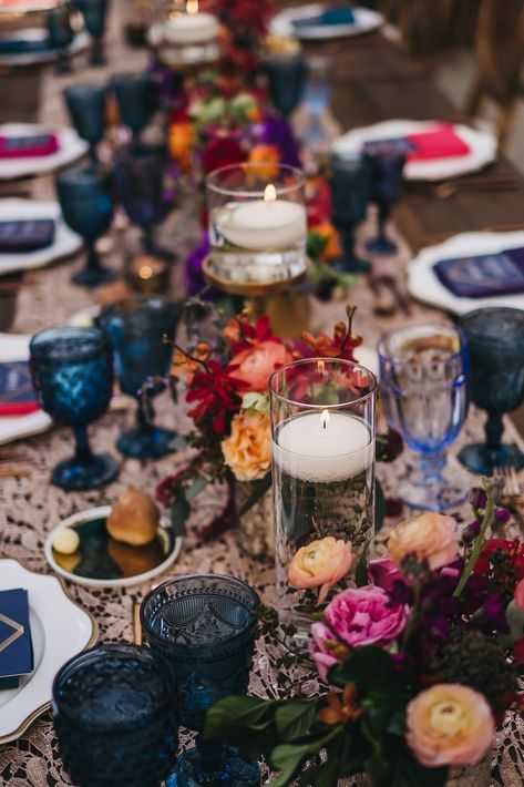 Jewel Tone Mexican Wedding, Colorful Jewel Tone Wedding, Whimsical Jewel Tone Wedding, Jewel Tone Indian Wedding, Jewel Tone Wedding Centerpieces Round Table, Jewel Tone Wedding Theme Table Settings, Jewel Tone Wedding Table Decor, Jewel Tone Flower Arrangements, Gem Colored Wedding