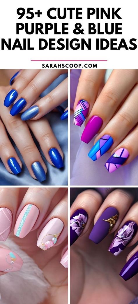 Check out these dazzling pink, purple, and blue nail designs! 💗💜💙 #nailinspo #pink #purple #blue Pink Nails With Blue Design, Blue Purple Nails Ideas, Blue And Pink Gel Nails, Pink Blue Nails Designs, Pastel Pink And Blue Nails, Hot Pink And Purple Nails, Purple And Blue Nails Designs, Blue And Purple Nails Designs, Pink And Purple Nails Designs