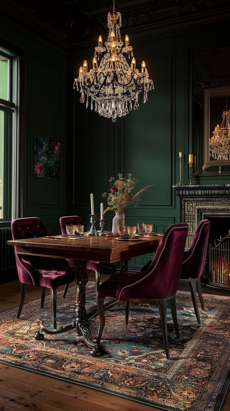 Victorian Inspired Dining Room, Victorian Era Dining Room, Purple And Green Dining Room, Whimsigoth Dining Room, Green Dinning Room, Rich Dining Room, Green And Gold Dining Room, Red Dining Room Ideas, Dark Moody Dining Room