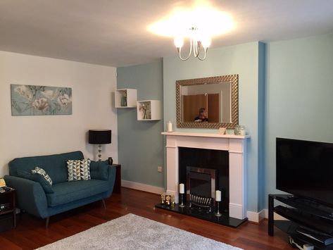 Walls - Crown Stepping Stone and Dulux Highline Duck Egg Blue Living Room, Duck Egg Living Room, Stone Fireplace Living Room, Lounge Colours, Living Room Paint Ideas, Hamptons Style Living Room, Room Paint Ideas, Paint Room, Blue Walls Living Room