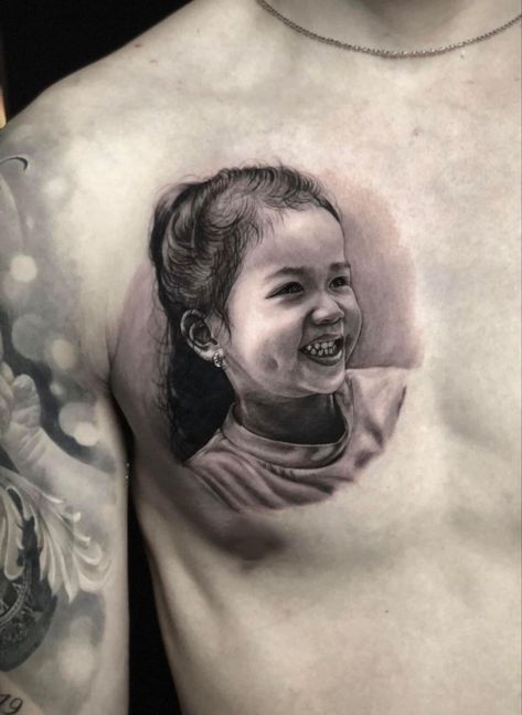 Chest Portrait Tattoo, Human Face Tattoo, Opaque Tattoo, Photorealism Tattoo, Potrait Tattoo, Feather Tattoo Meaning, Gray Tattoo, Face Tattoos For Women, Portrait Tattoos