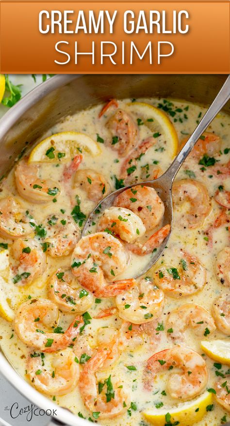 creamy garlic shrimp in a skillet with a creamy garlic sauce. Creamy Garlic Shrimp Skillet, Skillet Meals With Shrimp, Creamy Garlic Shrimp Scampi, Healthy Shrimp Scampi Pasta, Shrimp With White Rice, Seafood With Rice, Garlic Shrimp And Rice Recipes, Shrimp And Scallop Alfredo, Things To Make With Shrimp