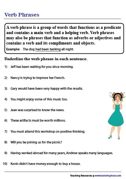 Verb Phrases Worksheet, Verb Phrases, Easy Grammar, Main Verbs, Ela Worksheets, Helping Verbs, Nouns Worksheet, Types Of Sentences, Blend Words