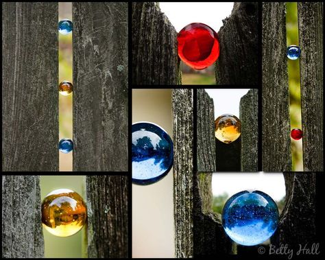 Cool Fence Ideas | enjoy the bits of humor, and they seem to add interest for visitors ... Fence With Marbles In It, Marbles In Fence, Cool Fence Ideas, Marble Fence, Wood Fence Design, Fence Pickets, Glass Garden Art, Fence Ideas, Backyard Fences