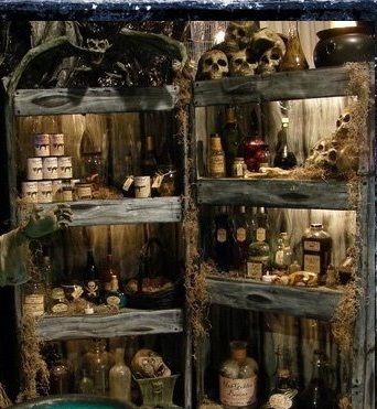 Apothecary and shelving unit Halloween Decorations Inside, Recetas Halloween, Halloween Apothecary, Witch Room, Blair Witch, Halloween Potions, Diy Halloween Decor, Adornos Halloween, Halloween Miniatures