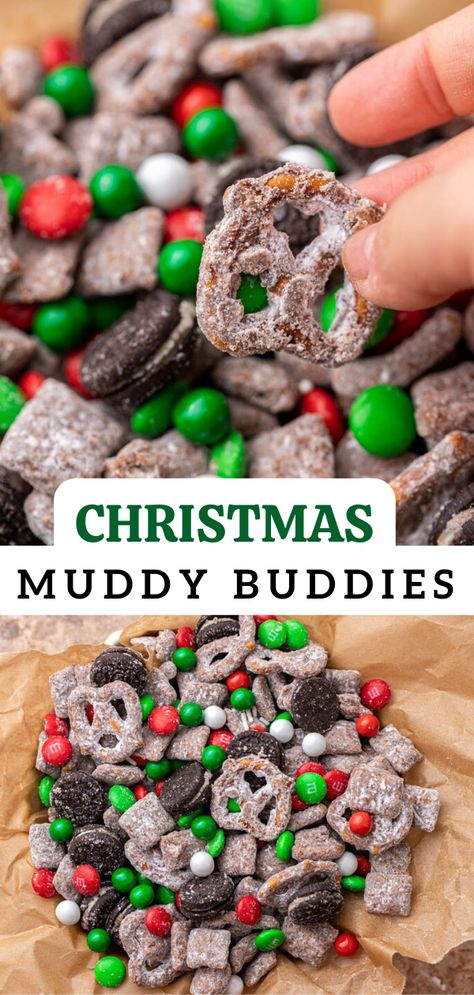 These muddy buddies are a simple and delicious snack to serve around Christmas time! Christmas Muddy Buddies, Christmas Snack Mix, Puppy Chow Christmas, Reindeer Chow, Chex Mix Christmas, Muddy Buddies Recipe, Puppy Chow Recipes, Chex Cereal, Easy Christmas Treats