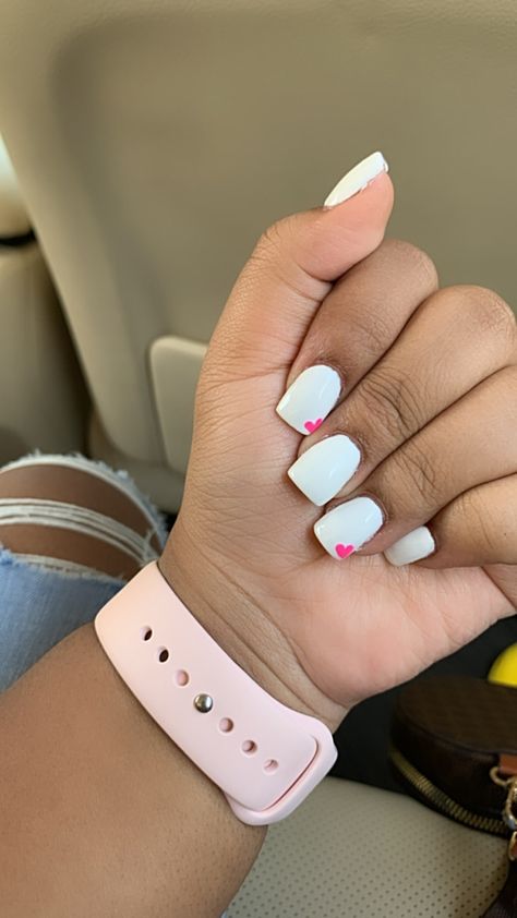 Heart nails White Nails With A Pink Heart, Pink Nails With Small Heart, White Heart On Pink Nails, Short White Nails With Pink Heart, Heart In Corner Of Nail, Kids Nail Designs, Heart Nail Designs, Heart Nails, Short Acrylic Nails Designs