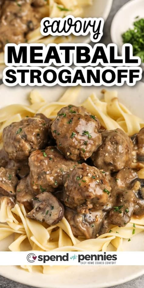 This tasty meatball stroganoff is the best easy casserole for a crowd. It's simple and delish and you can make it with frozen or homemade Swedish meatballs or another favorite meat, if time is short. The mushroom sauce is creamy and tasty. This yummy casserole is great for feeding a crowd. Try it for the next big gathering! #meatballstroganoff #meatballstroganoffrecipe #easymeatballstroganoffrecipe #spendwithpennies Beef Stroganoff With Meatballs Easy Recipes, Meatballs Stroganoff Easy, Swedish Meatball Stroganoff, Strogonoff Meatballs, Frozen Meatball Stroganoff Easy, Stroganoff Recipe Meatball, Mushroom Sauce For Meatballs, Easy Dinner Recipes With Frozen Meatballs, Frozen Meatballs Dinner Ideas Easy