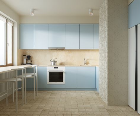 Minimalistic kitchen of sky blue color. Interior Designer: Natasha Zelenova Sky Blue Kitchen, Kitchen Minimal, Minimalistic Kitchen, Kitchen Modular, Blue Kitchen Cabinets, Sky Blue Color, Color Interior, Blue Cabinets, Blue Kitchen