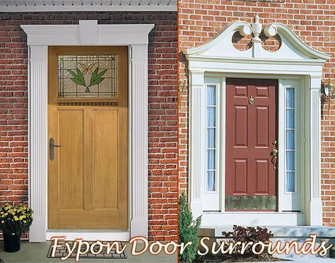 Love the pediment above the door. Door Surrounds by Fypon Colonial Front Door Trim, Door Trim Ideas Moldings, Front Door Trims, Door Pediment, Front Door Molding, Moulding Ideas, Exterior Door Trim, Interior Entrance, Old Houses Renovation