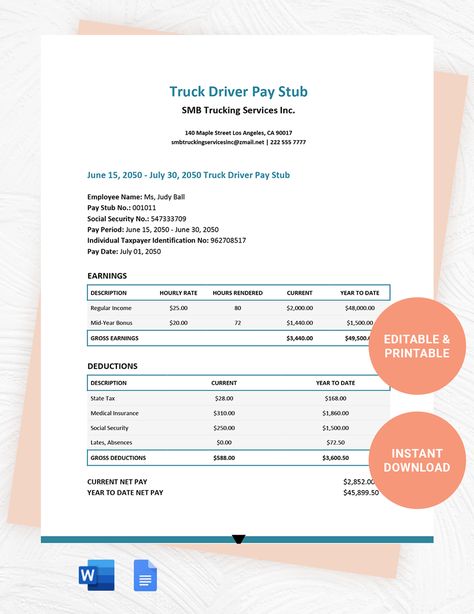 Truck Driver Pay Stub Template Payroll Template, Invoice Design, How To Get Clients, Year Of Dates, Medical Insurance, Contract Template, Template Google, Google Docs, Word Template