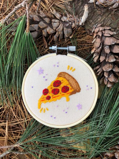 "3\" hand embroidered Christmas ornament" Pizza Embroidery, Embroidered Christmas Ornaments, Slice Pizza, Yarn Gifts, Plaid Dog Bandana, Embroidered Christmas, Gift Toppers, Embroidered Baseball Caps, Pizza Slice