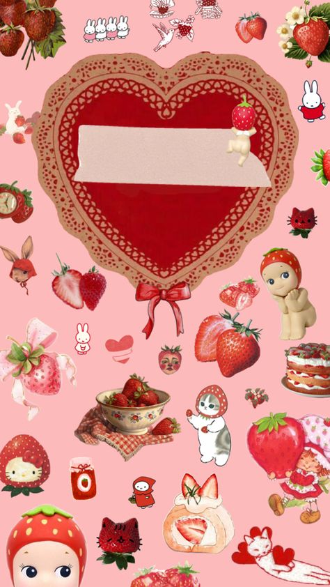 Strawberry wallpaper with Sonny angels and Miffy! Strawberry Coquette Wallpaper, Strawberry Wallpaper Iphone, Strawberry Phone Wallpaper, Strawberry Wallpaper, Strawberry Background, Pink Core, Angel Wallpaper, Cute Strawberry, Sonny Angel