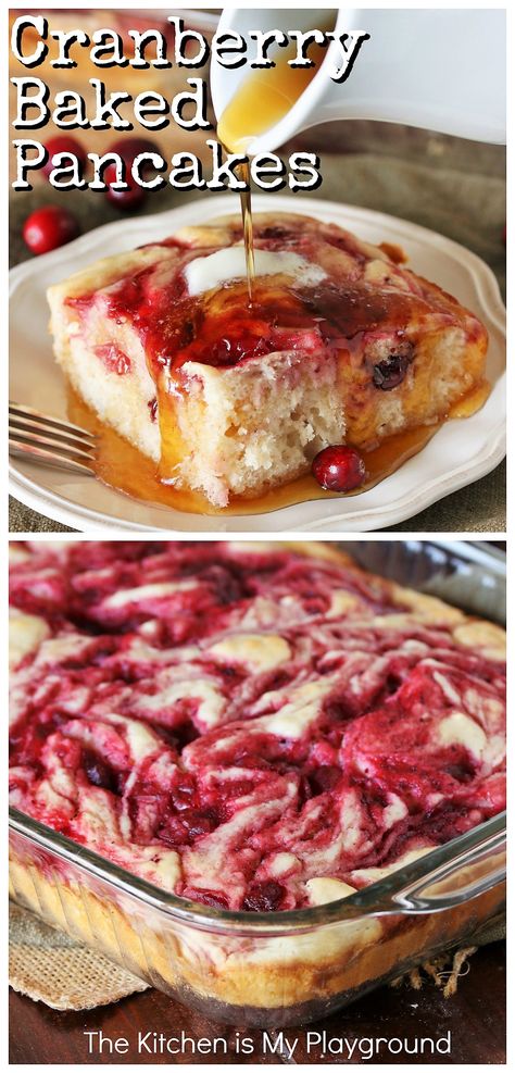 Cranberry Baked Buttermilk Pancakes (with leftover cranberry sauce!) ~ Looking for a great recipe for leftover cranberry sauce? Enjoy it for breakfast with these super easy & super tasty Cranberry Baked Buttermilk Pancakes! EASY because they're baked instead of individually-made standing at the stove top. #bakedpancakes #cranberrypancakes #leftovercranberrysauce www.thekitchenismyplayground.com Cranberry Breakfast Recipes, Leftover Cranberry Sauce Recipe, Buttermilk Pancakes Easy, Cranberry Baking, Canned Cranberry Sauce, Thanksgiving Breakfast, Leftover Cranberry Sauce, Flour Substitute, Baked Pancakes