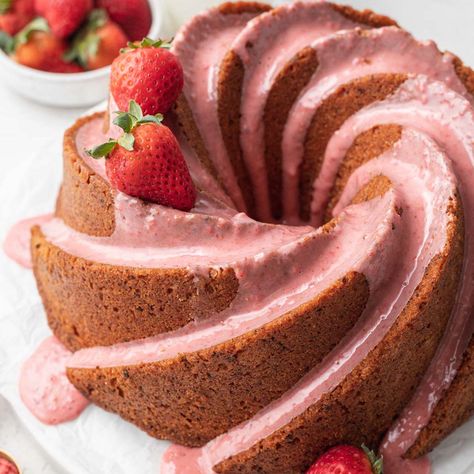 Glazed Strawberry Pound Cake - Live Well Bake Often Strawberry Glaze For Angel Food Cake, Strawberry Cream Cheese Pound Cake Recipes, Strawberry Glaze For Pound Cake, Strawberry Pound Cake Recipe, Strawberry Bundt Cake, Town Tattoo, Cake Recipe Moist, Pound Cake Glaze, Homemade Pound Cake